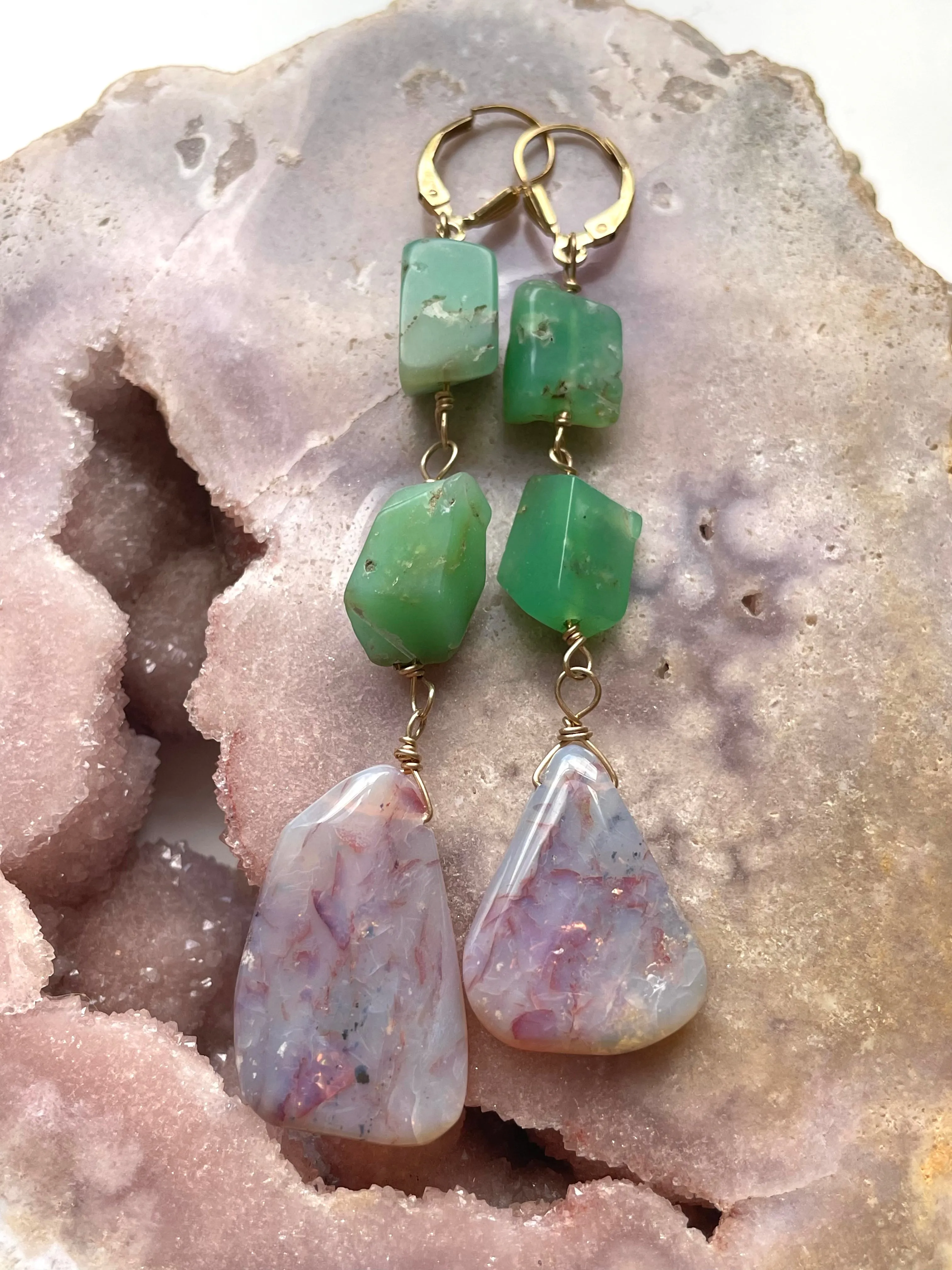 Large Opal Dangle  Earrings with Chrysoprase Gold Filled