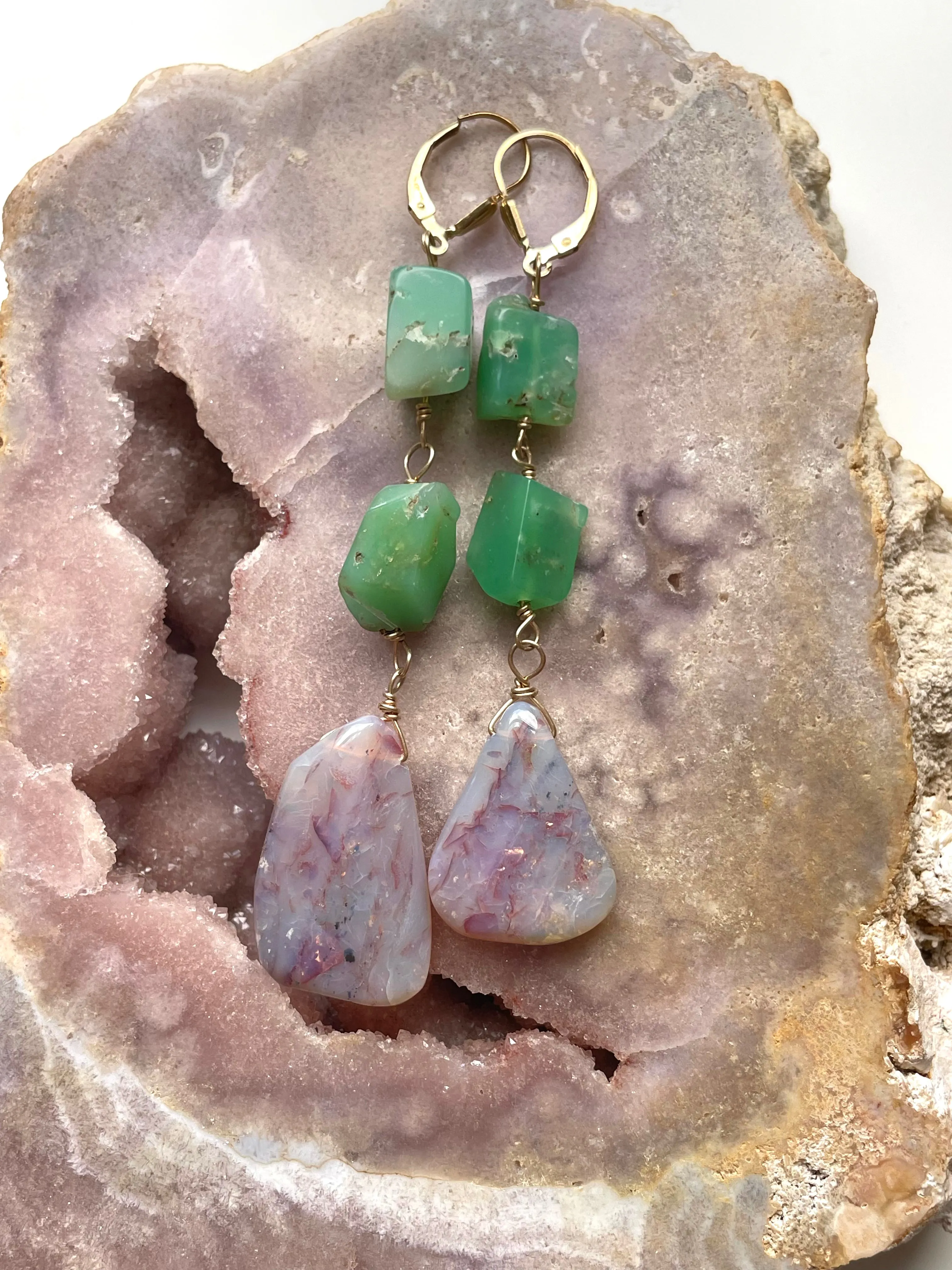 Large Opal Dangle  Earrings with Chrysoprase Gold Filled