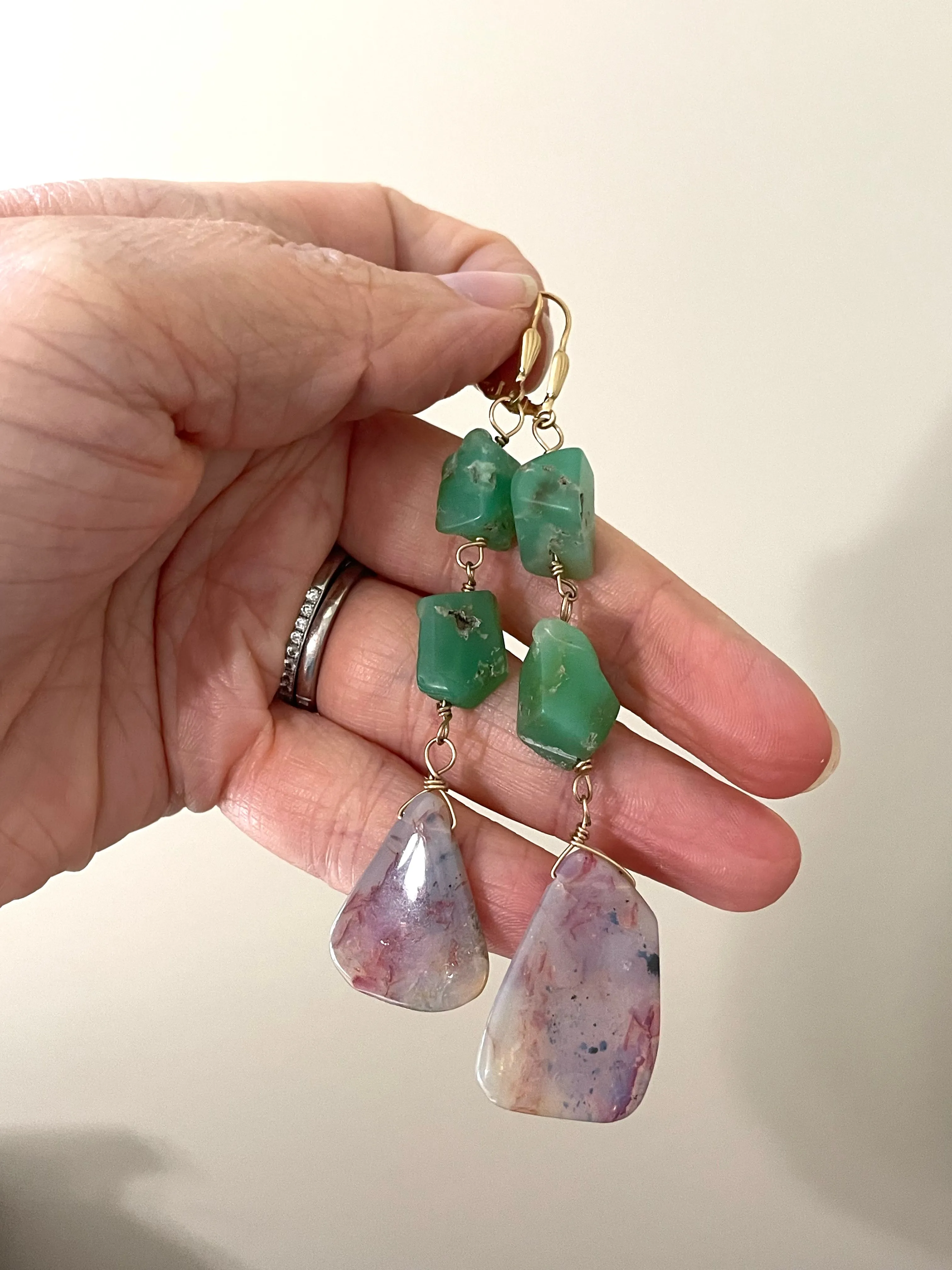 Large Opal Dangle  Earrings with Chrysoprase Gold Filled