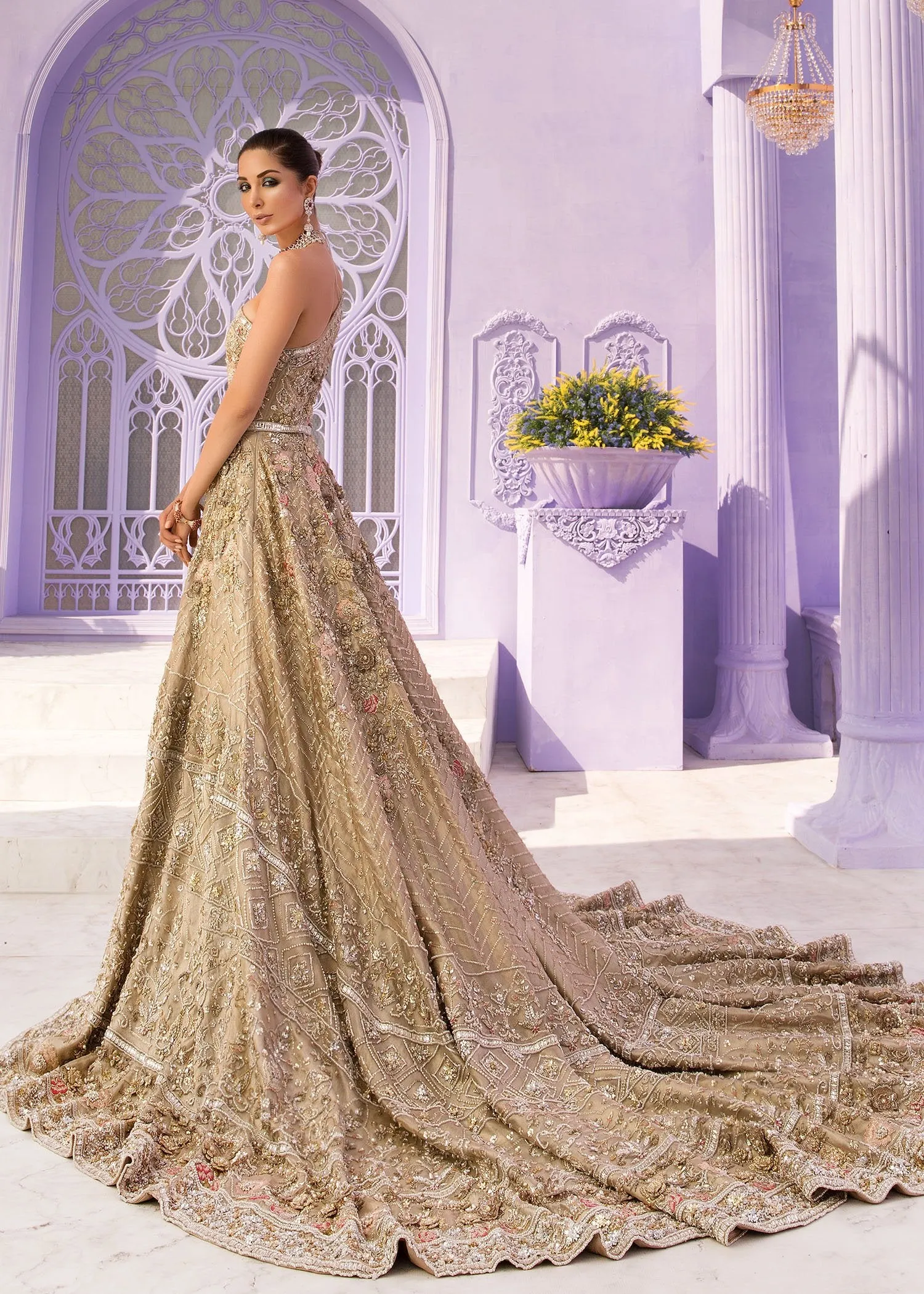 Latest Pakistani ﻿Embroidered bridal maxi 2020 in golden color # B3469