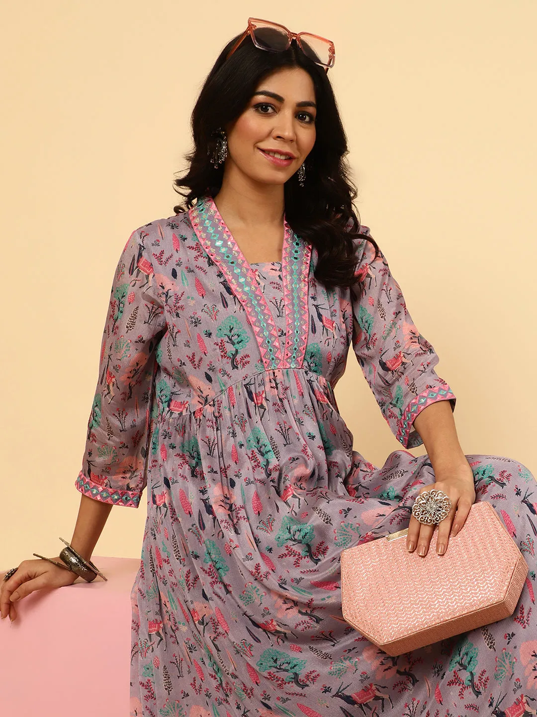 Lavender Mirror Embroidered Festive Kurta Set