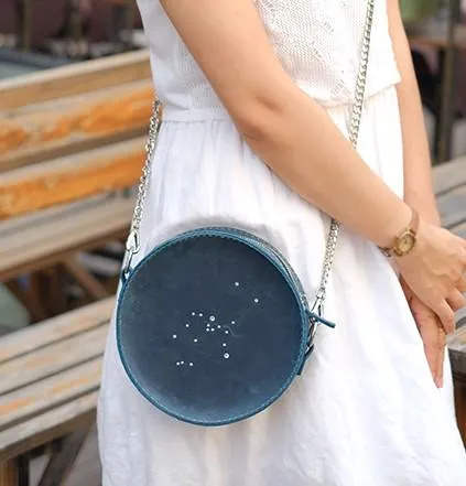 LEATHER Circle Bag PERSONALIZED Constellation Chain SHOULDER BAG HANDMADE