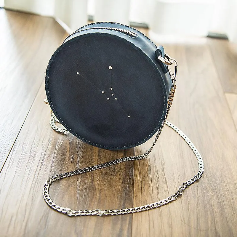 LEATHER Circle Bag PERSONALIZED Constellation Chain SHOULDER BAG HANDMADE