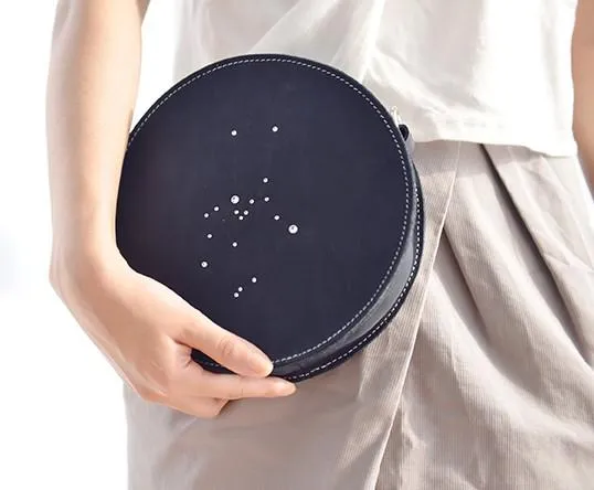 LEATHER Circle Bag PERSONALIZED Constellation Chain SHOULDER BAG HANDMADE