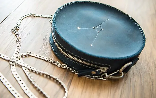 LEATHER Circle Bag PERSONALIZED Constellation Chain SHOULDER BAG HANDMADE