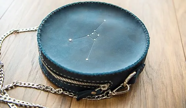 LEATHER Circle Bag PERSONALIZED Constellation Chain SHOULDER BAG HANDMADE