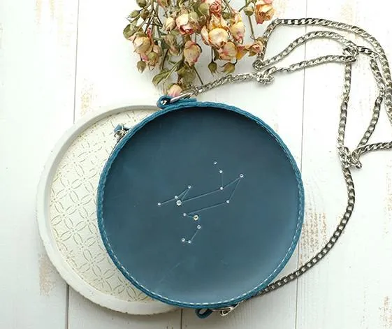 LEATHER PERSONALIZED Constellation Circle SHOULDER BAG HANDMADE CROSSBODY BAG Chain Round PURSE