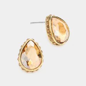 Light Topaz Rhinestone Trimmed Teardrop Stone Pageant Stud Earrings  | Interview Earrings | 577767