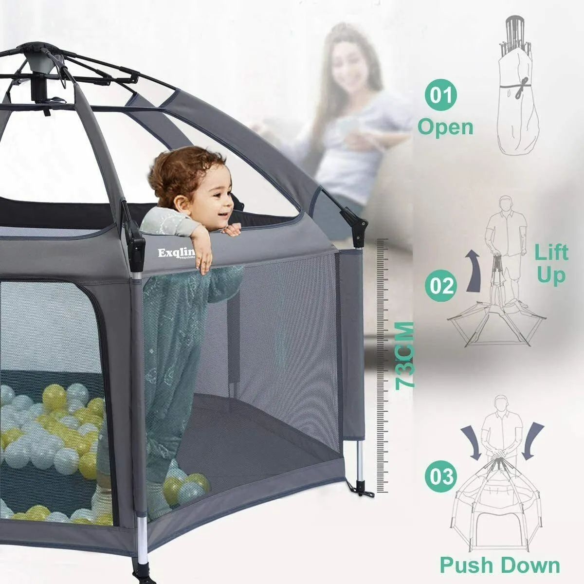 Lightweight Carbon Fibre Pop-up Playpen with Mattress | Grey | 0m - 5 years