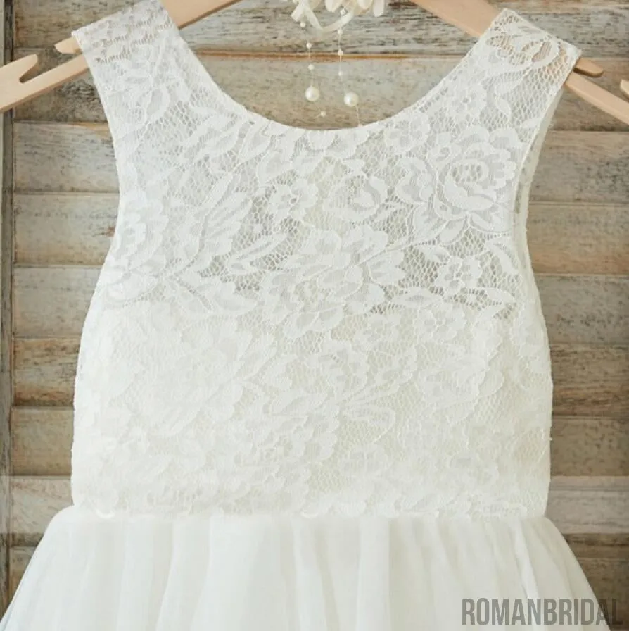 Lovely Princess Off White Lace Tulle Sleeveless Round Neck  Flower Girl Dresses, FGS035