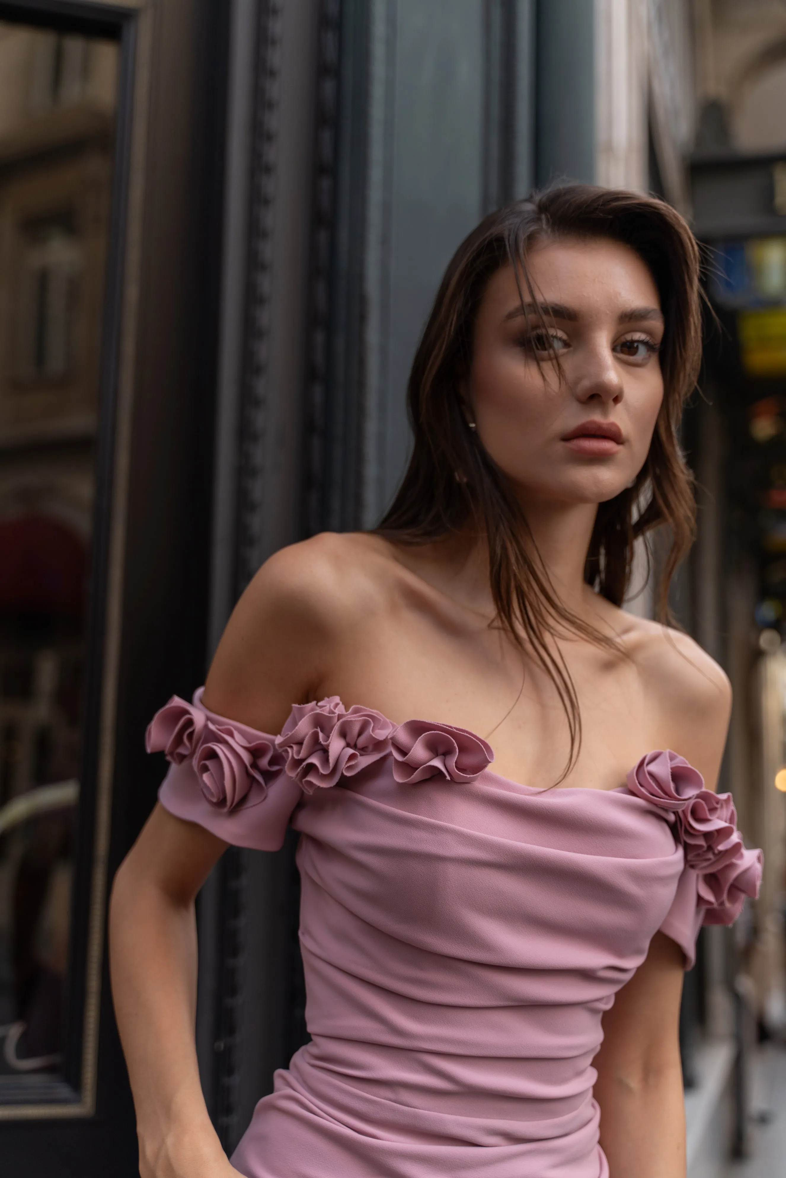 Lydia matte crepe with off the shoulder hand sewn petals