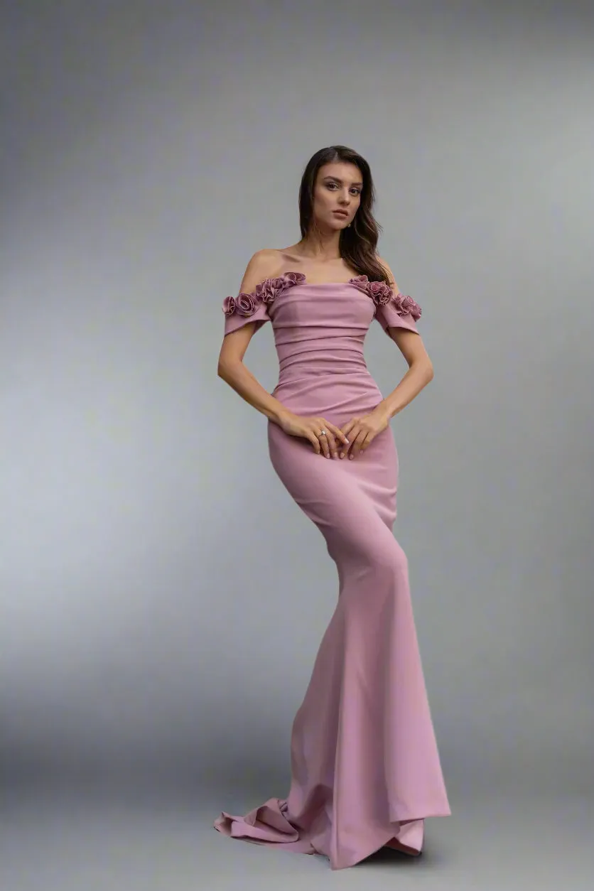 Lydia matte crepe with off the shoulder hand sewn petals