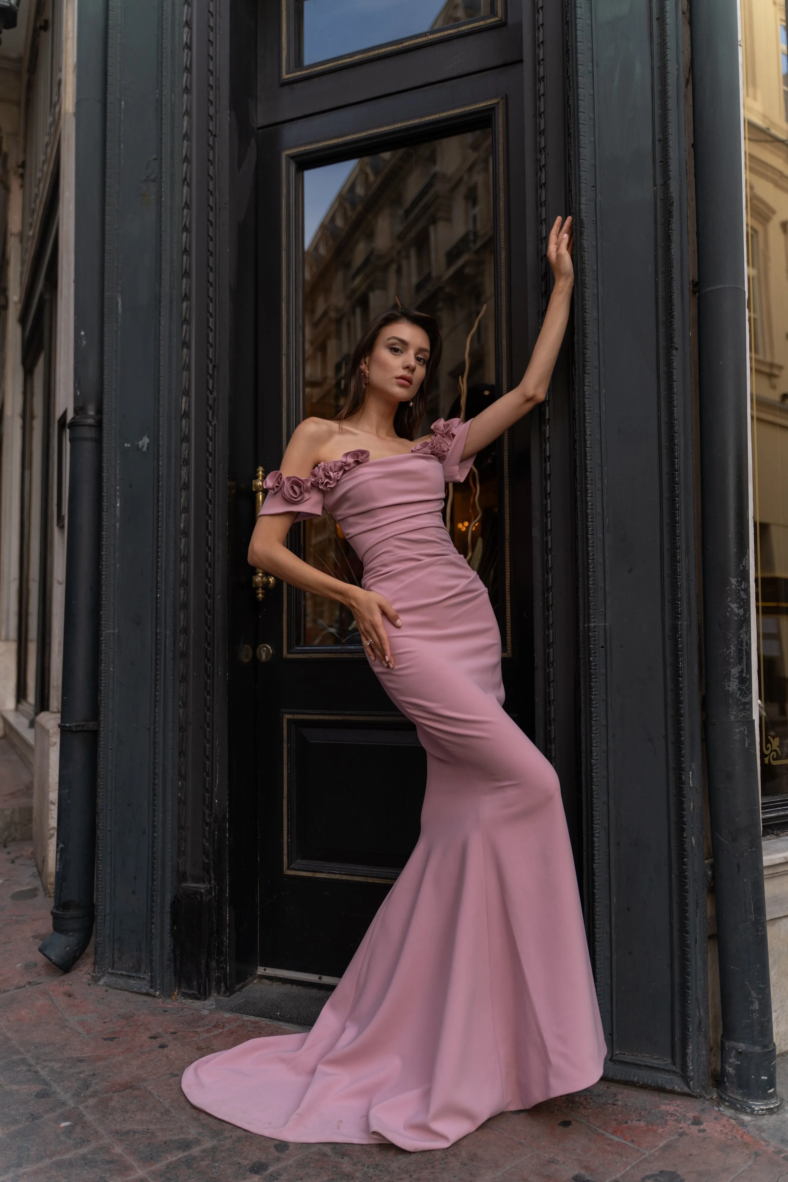 Lydia matte crepe with off the shoulder hand sewn petals