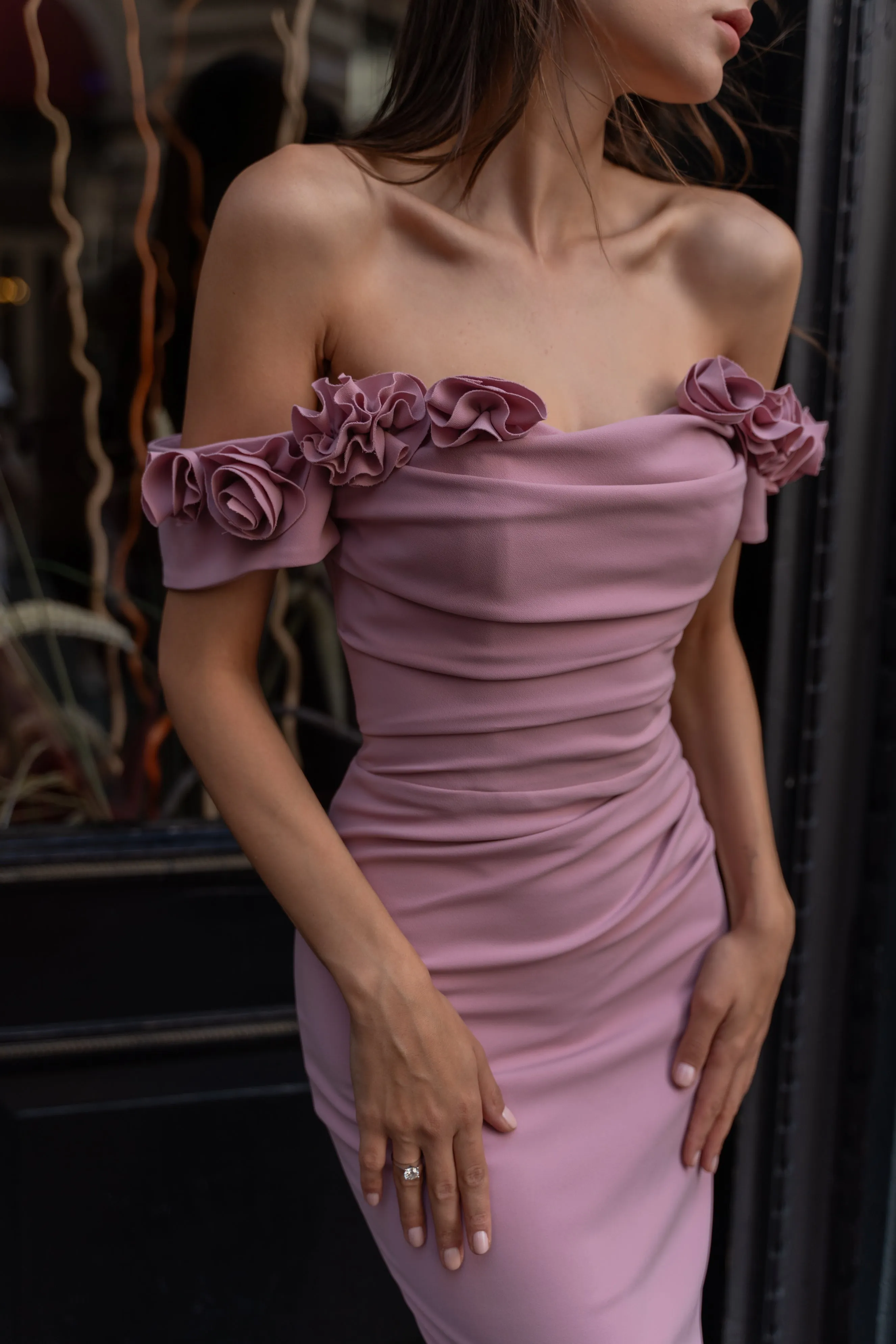 Lydia matte crepe with off the shoulder hand sewn petals