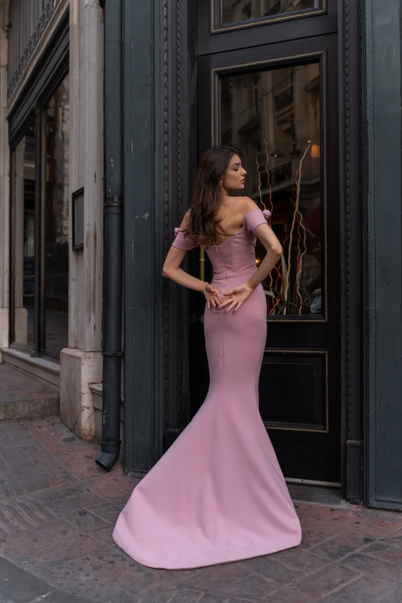 Lydia matte crepe with off the shoulder hand sewn petals