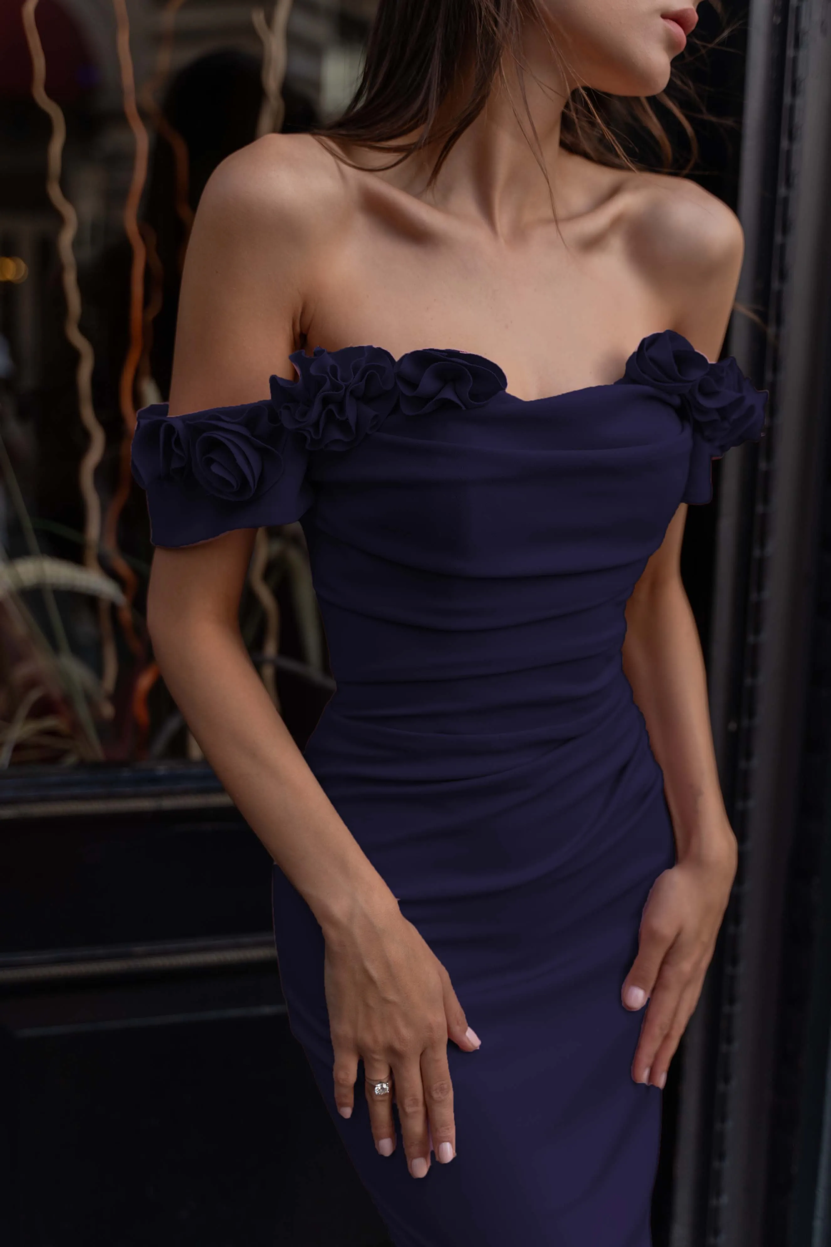 Lydia matte crepe with off the shoulder hand sewn petals