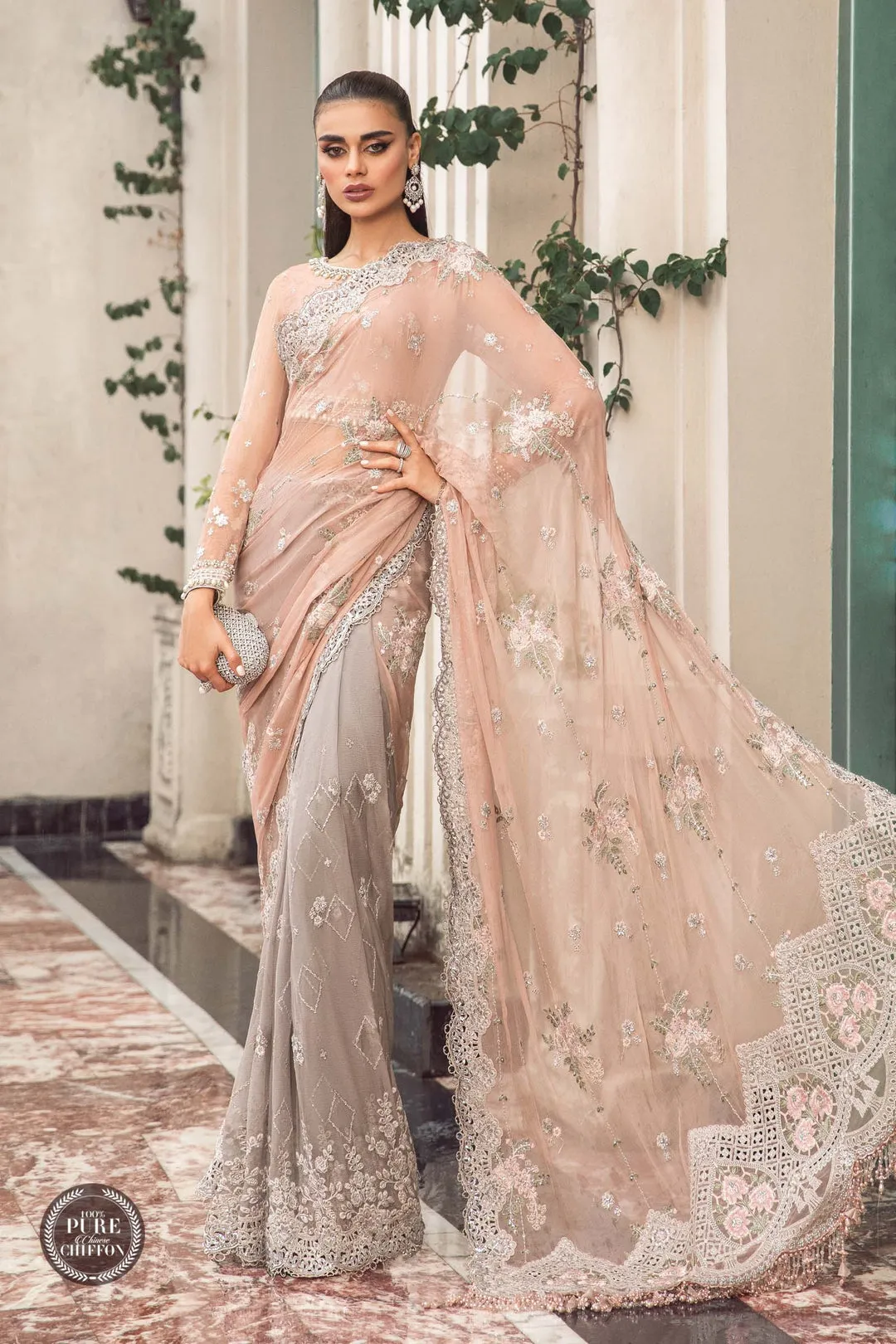 Maria.B | Embroidered Chiffon Collection '23 | MPC-23-105 Peach and grey