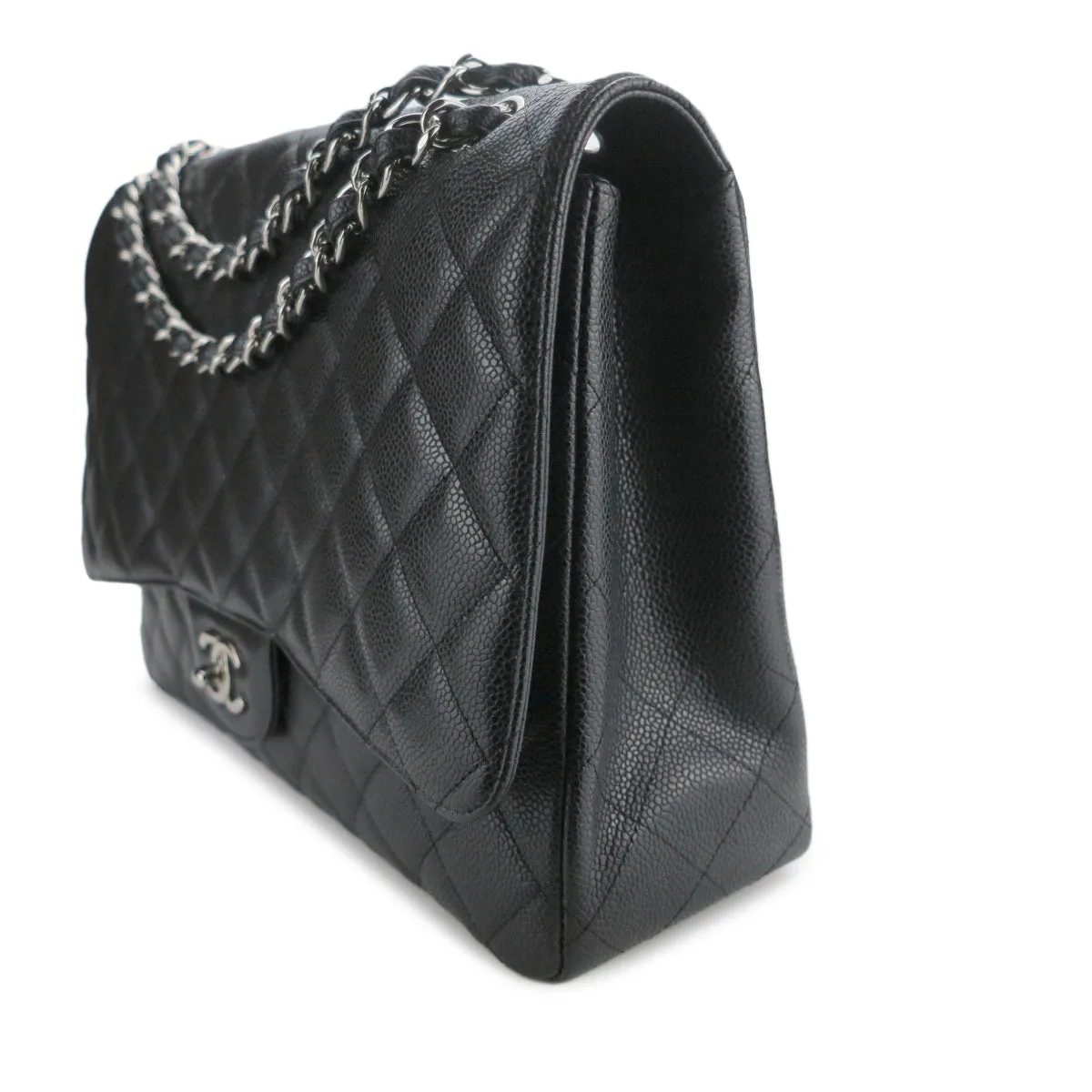 Maxi Jumbo Classic Single Flap Bag in Black Caviar
