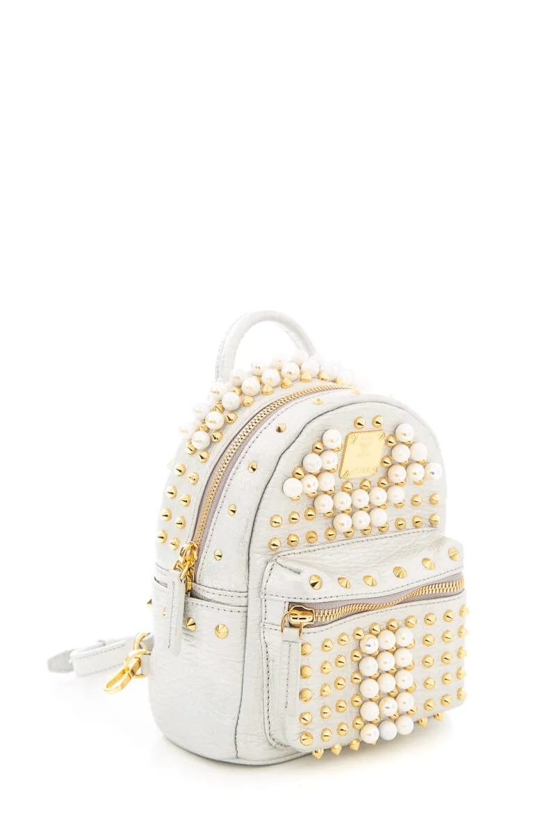 MCM Silver Mini Stud and Pearl Detail Backpack