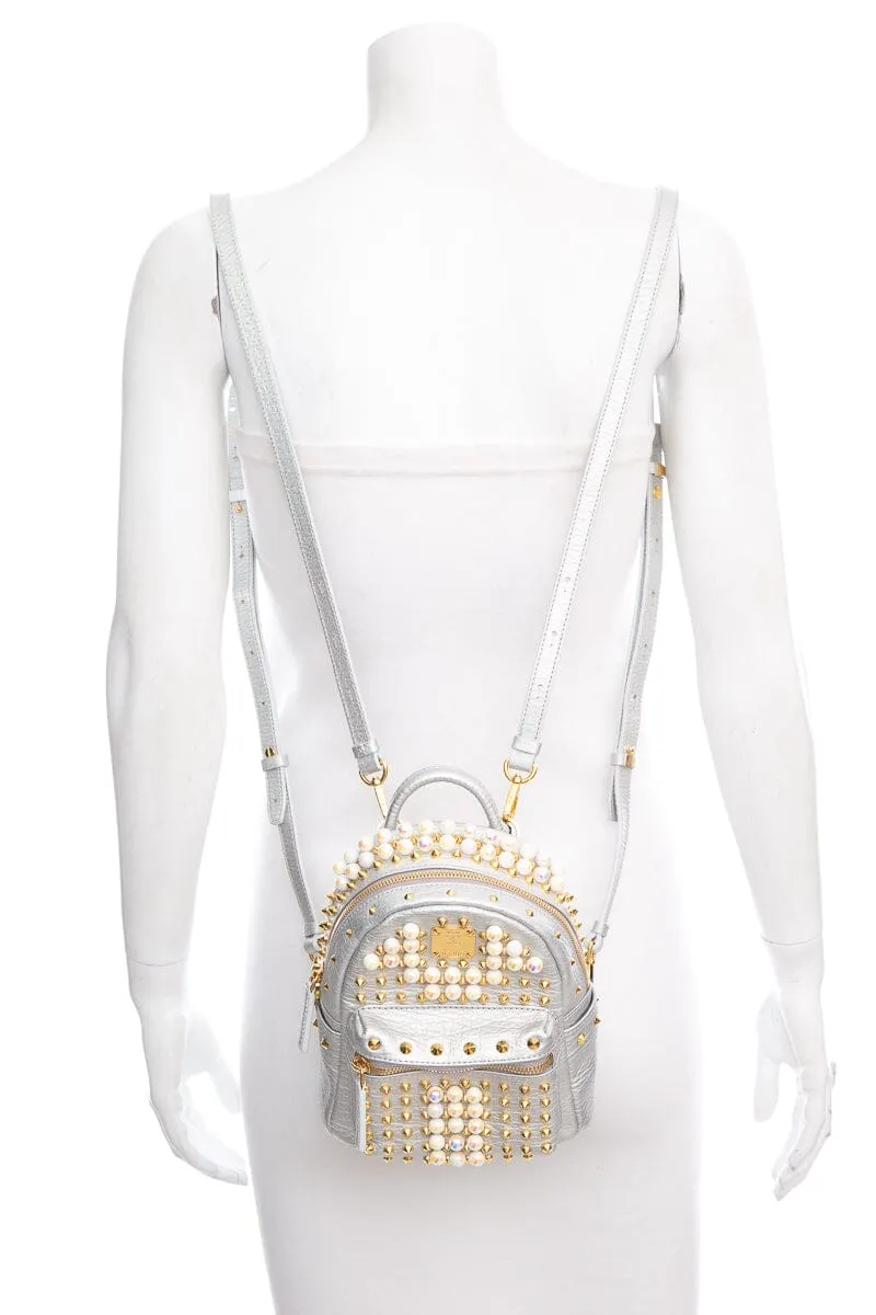 MCM Silver Mini Stud and Pearl Detail Backpack