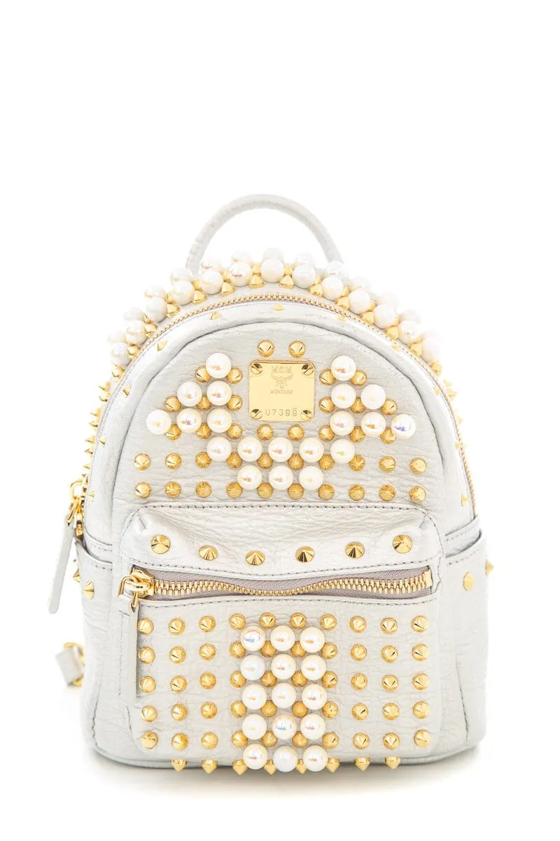 MCM Silver Mini Stud and Pearl Detail Backpack