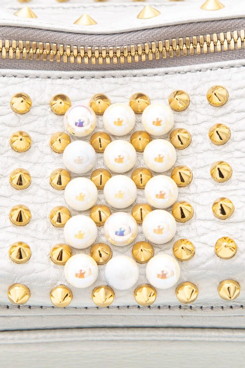 MCM Silver Mini Stud and Pearl Detail Backpack