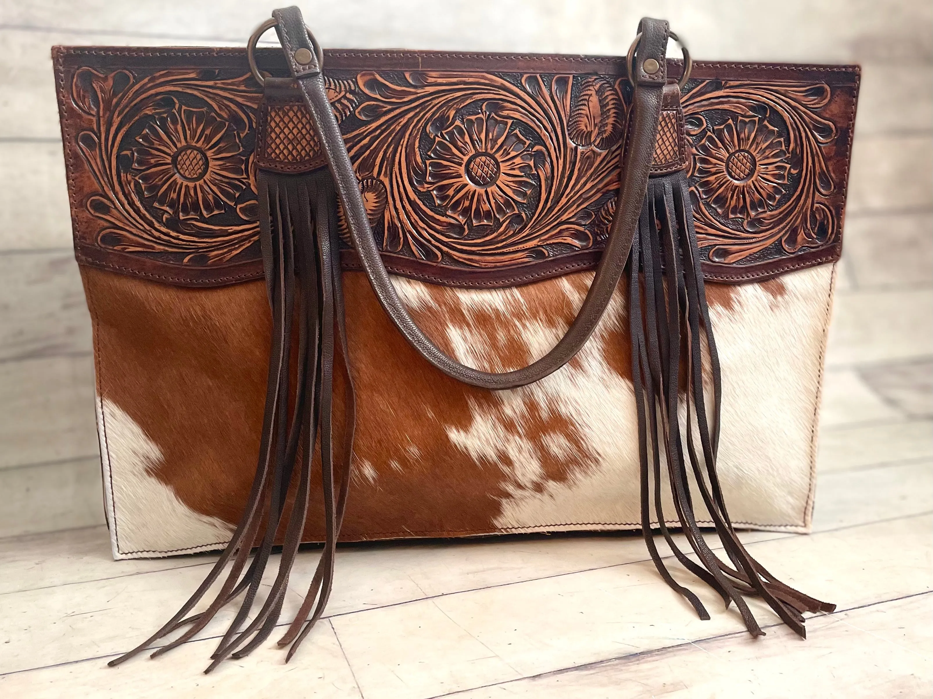 Meadow Large Floral Tooled & Cowhide Tote