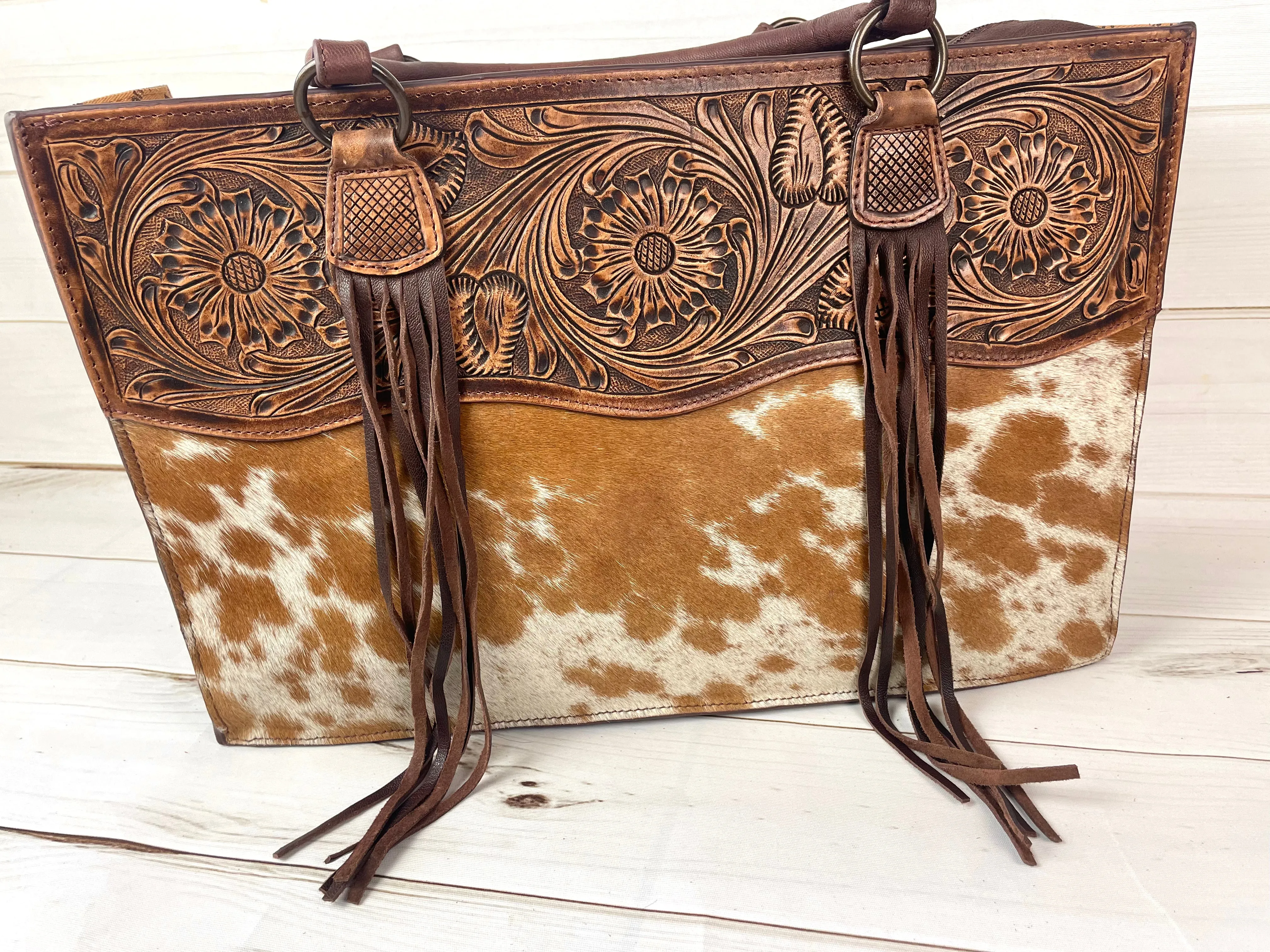 Meadow Large Floral Tooled & Cowhide Tote