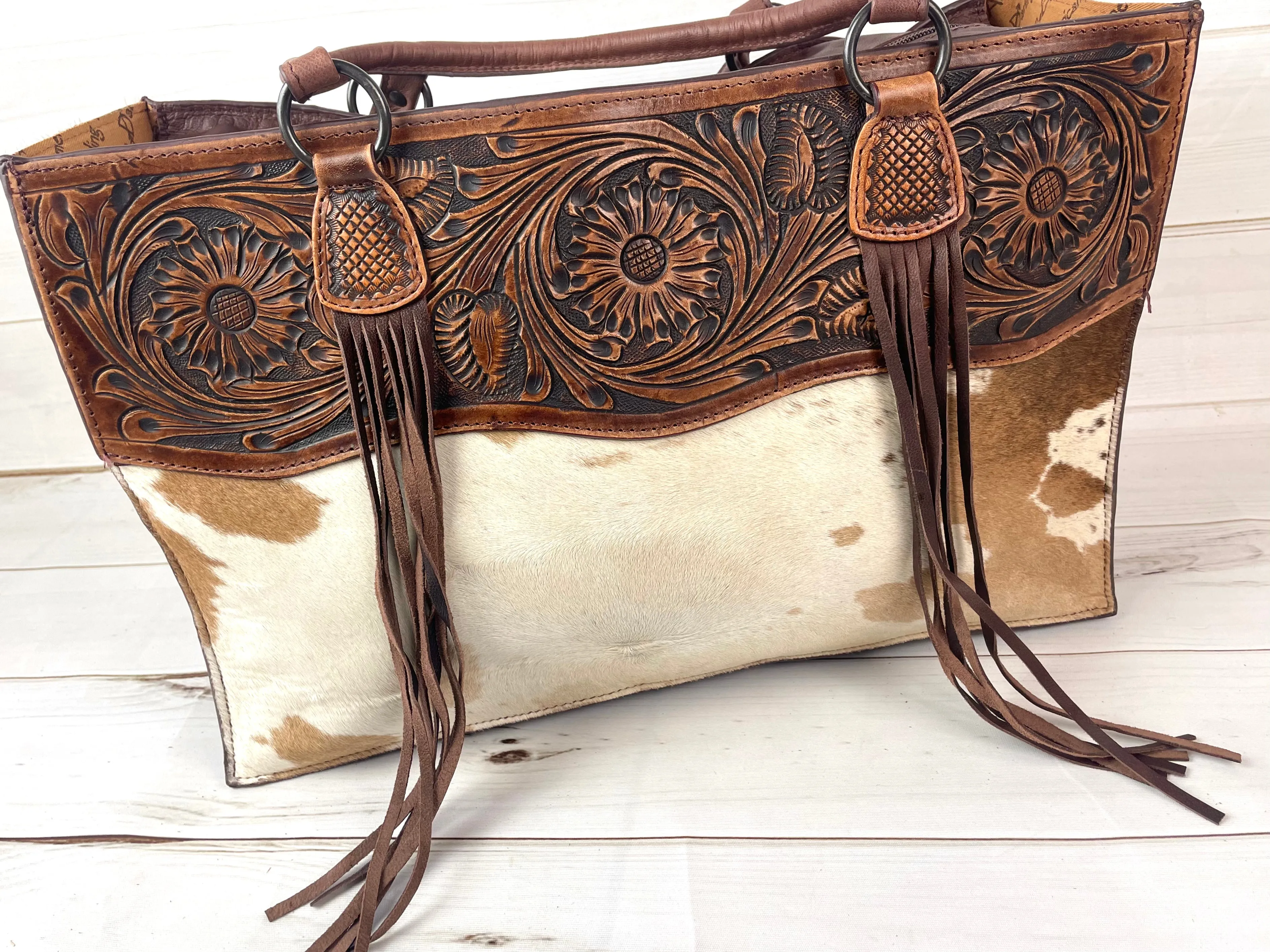 Meadow Large Floral Tooled & Cowhide Tote