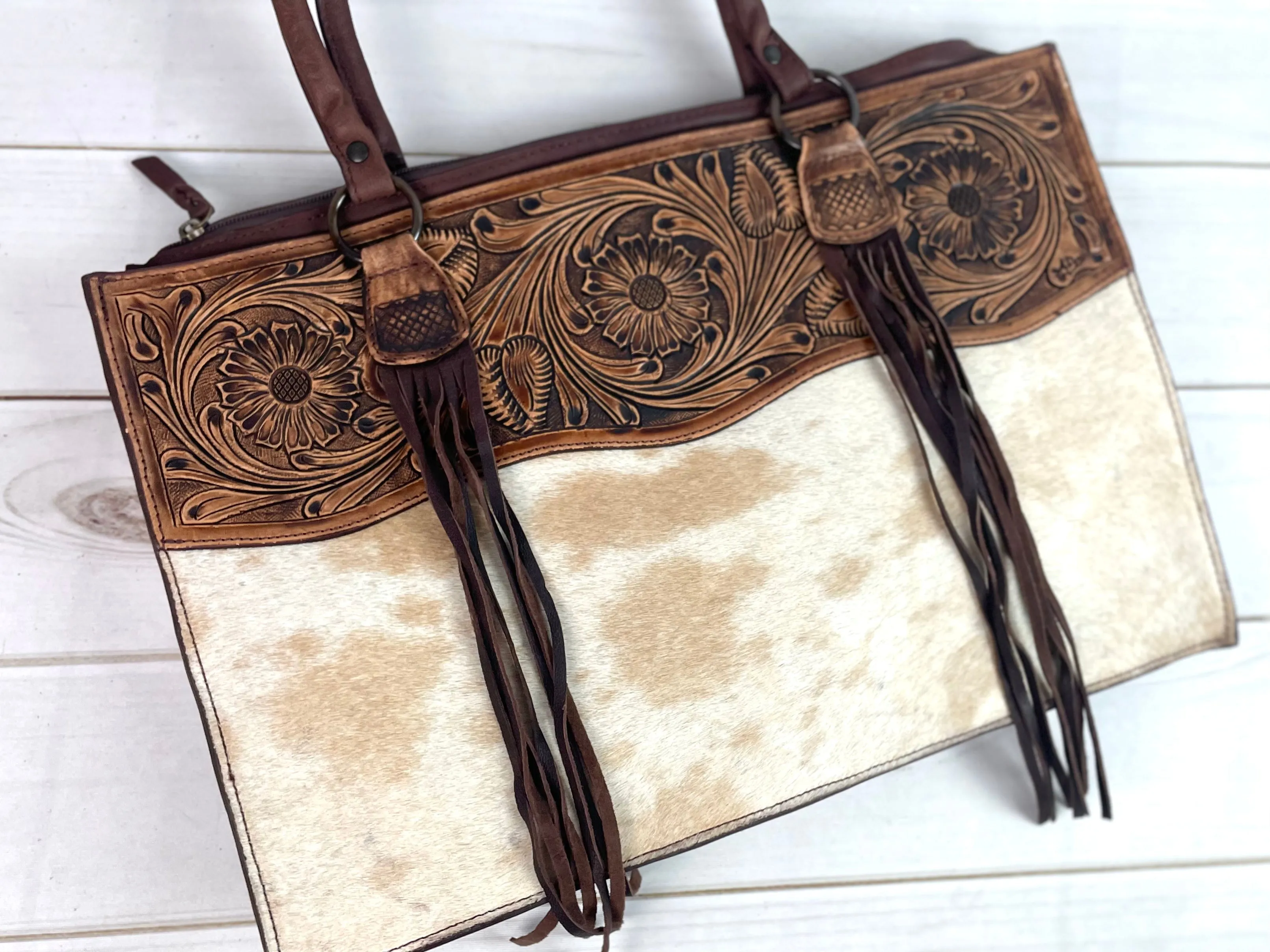 Meadow Large Floral Tooled & Cowhide Tote