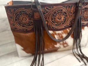 Meadow Large Floral Tooled & Cowhide Tote