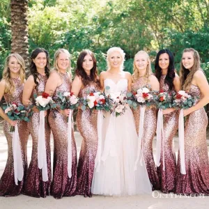 Mermaid Round Neck Long Ombre Sequined Bridesmaid Dresses, TYP1560