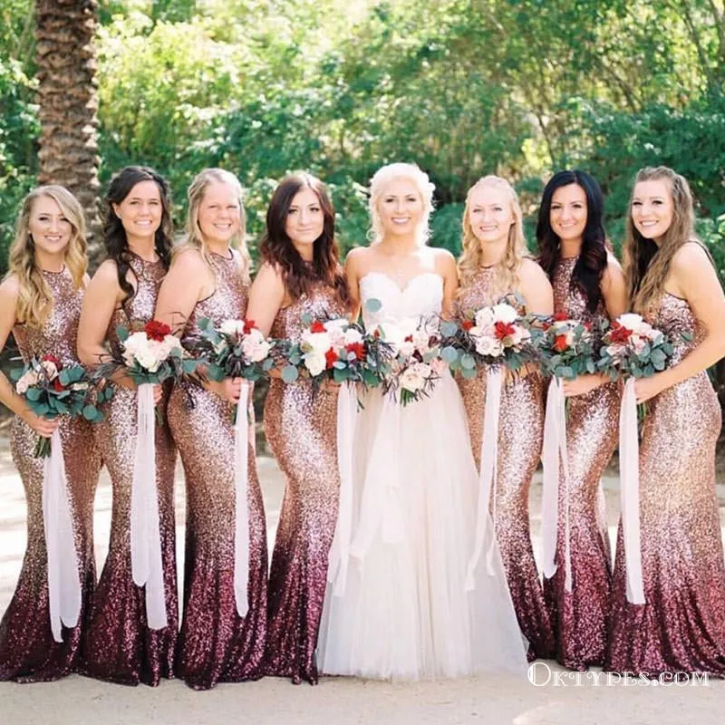 Mermaid Round Neck Long Ombre Sequined Bridesmaid Dresses, TYP1560