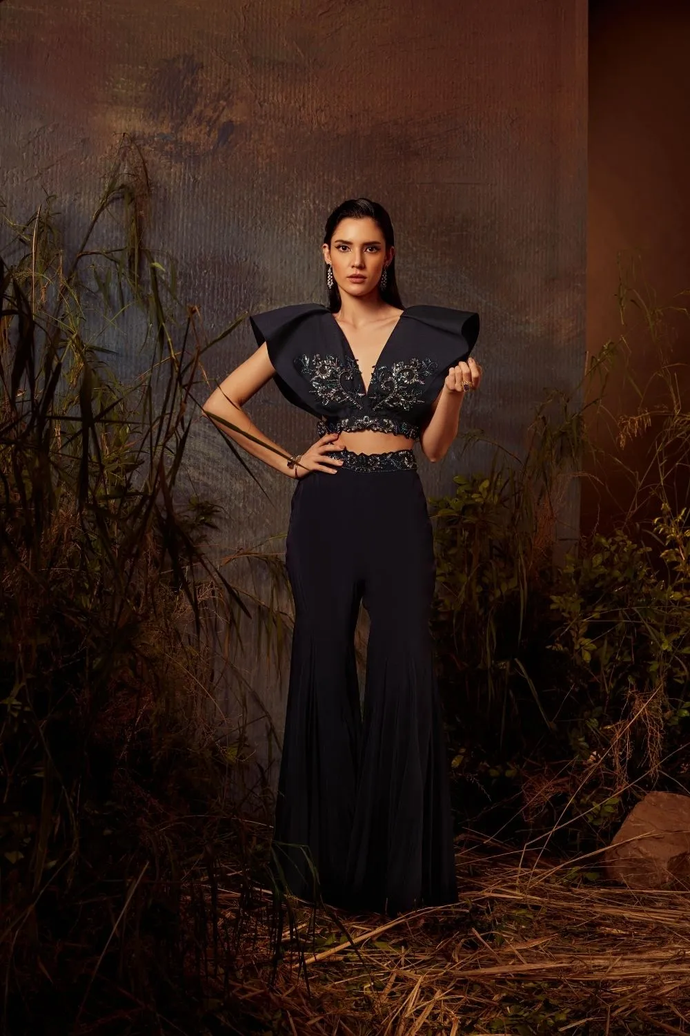 Mid night blue embroidered structured cape set