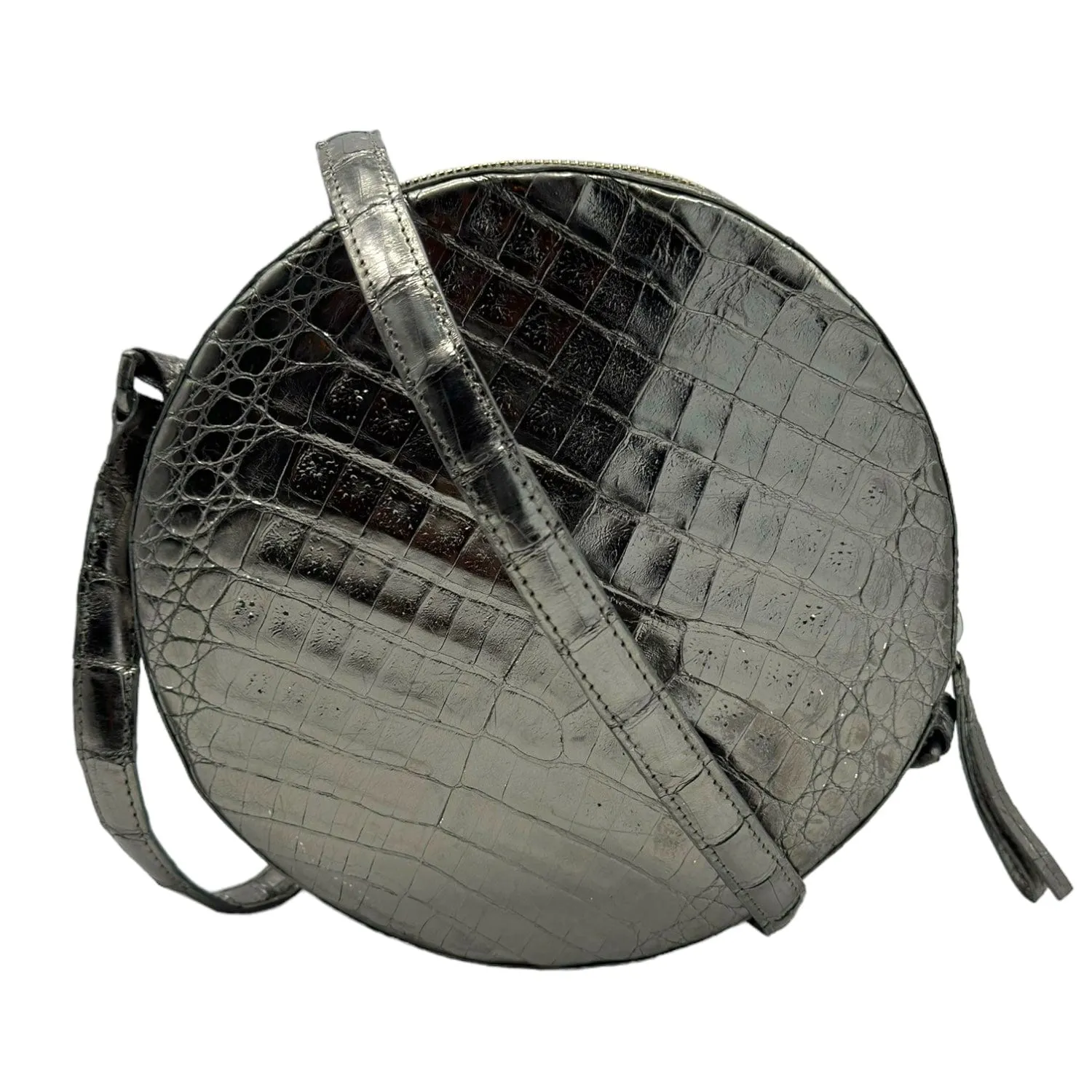 NANCY GONZALEZ Croc Crossbody Circle "Tambourine" Bag - Anthrocite