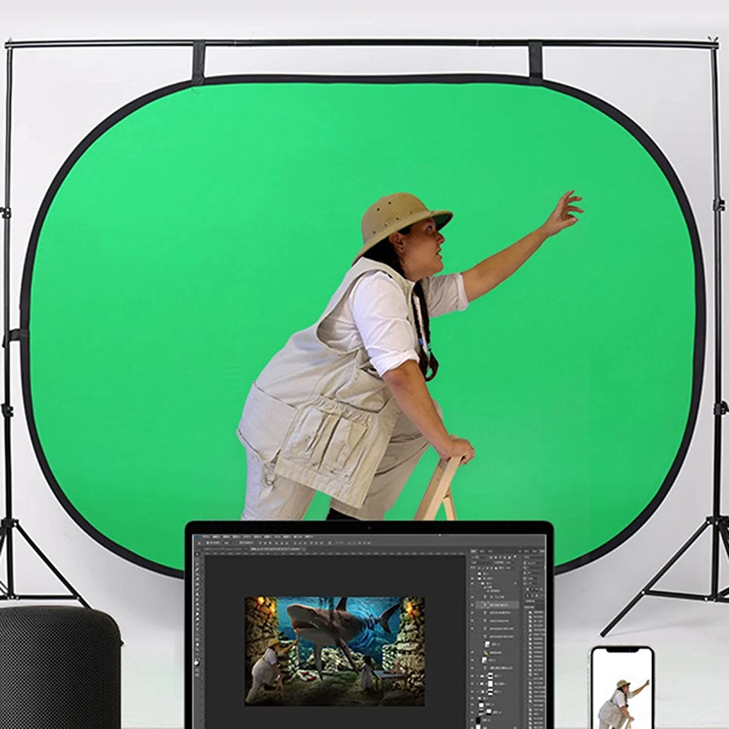 New 2-in-1 Collapsible Background Panel Video Studio Screen Backdrop w/Storage Bag for Home Video Recording Live Streaming Broadcast YouTube Photo Studio - 39X59 inch Blue Green! Retails $90 
