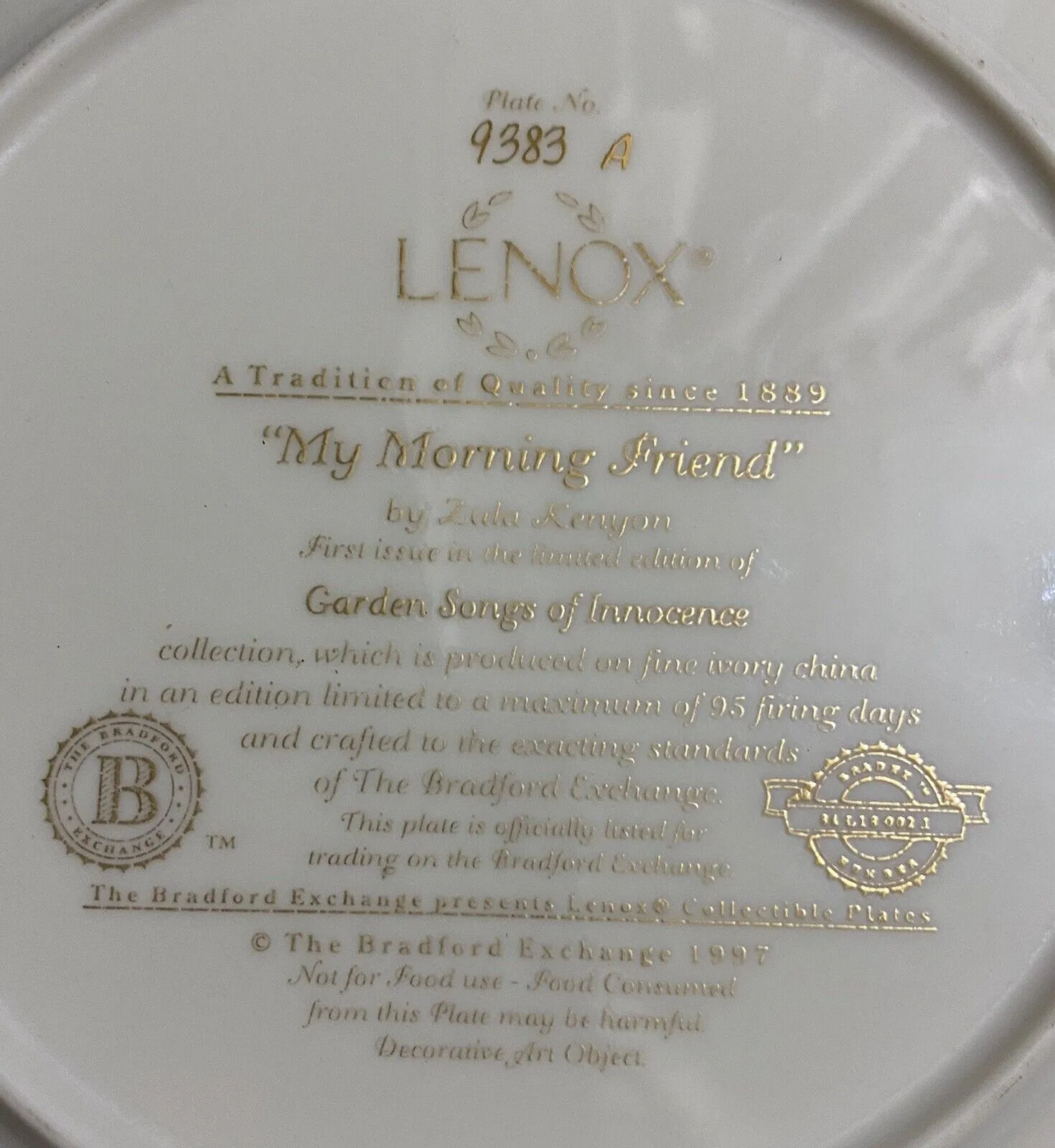 NEW Lenox “My Morning Friend” Bradford Exchange Gold Trimmed Plate, with certificate of authenticity in original box!
