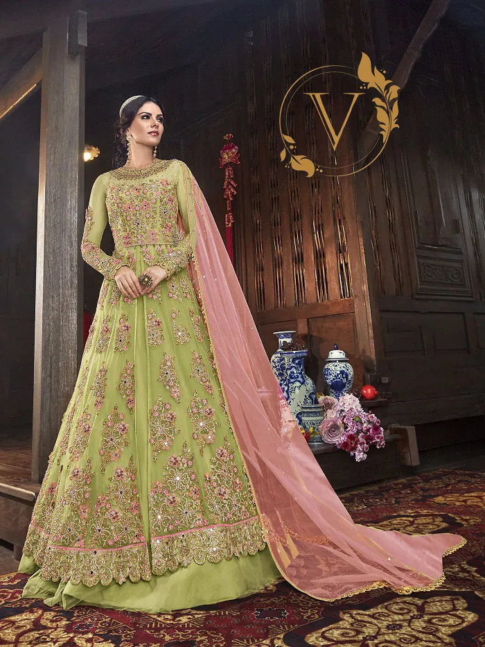 Olive Green Embroidered Net Salwar Kameez