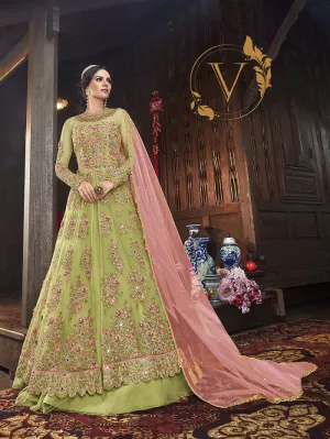 Olive Green Embroidered Net Salwar Kameez