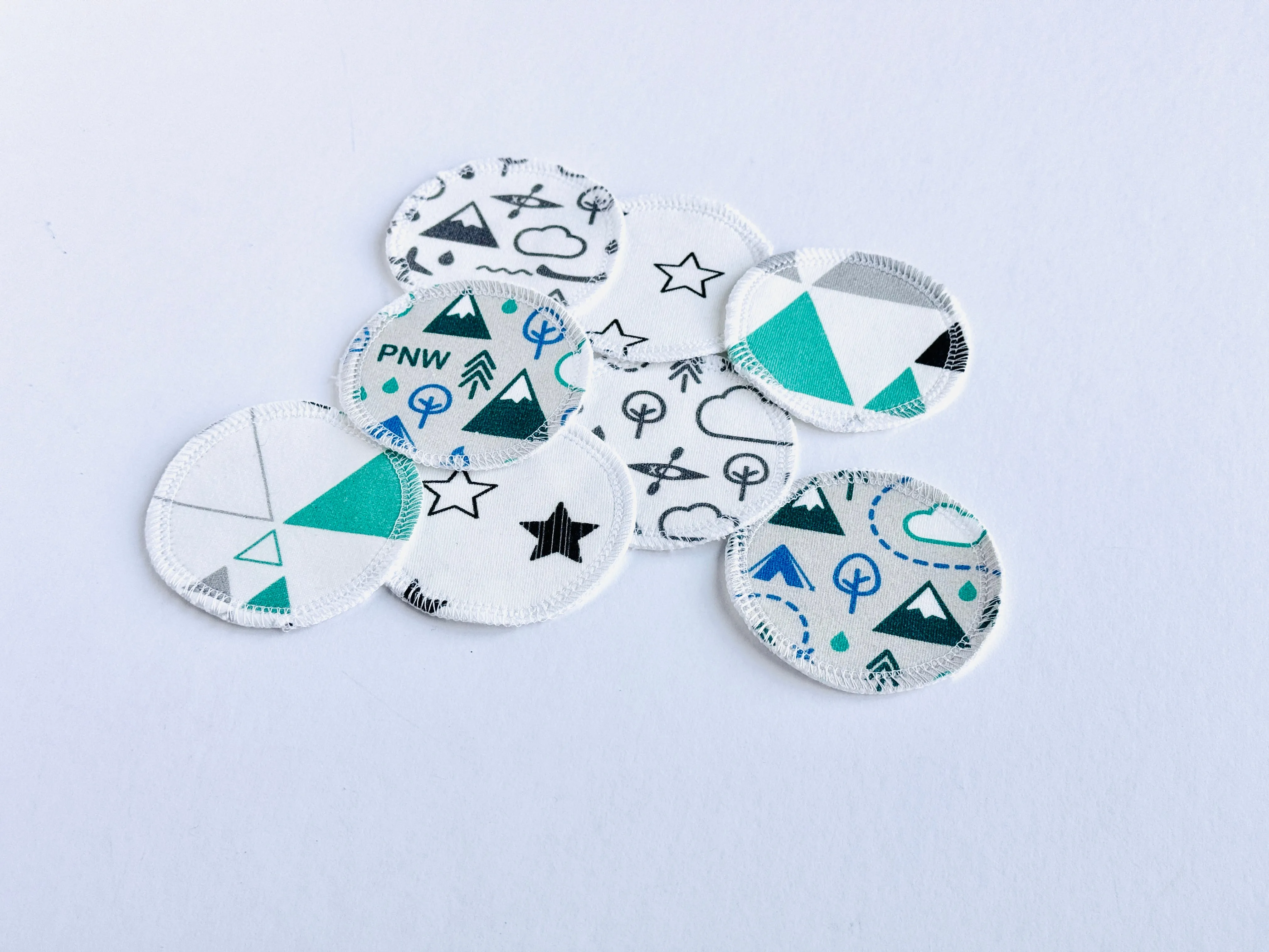 Organic Cotton Face Rounds - Set #31 - PNW Love, Stars, & Teal Blue Gray Mix (Small)