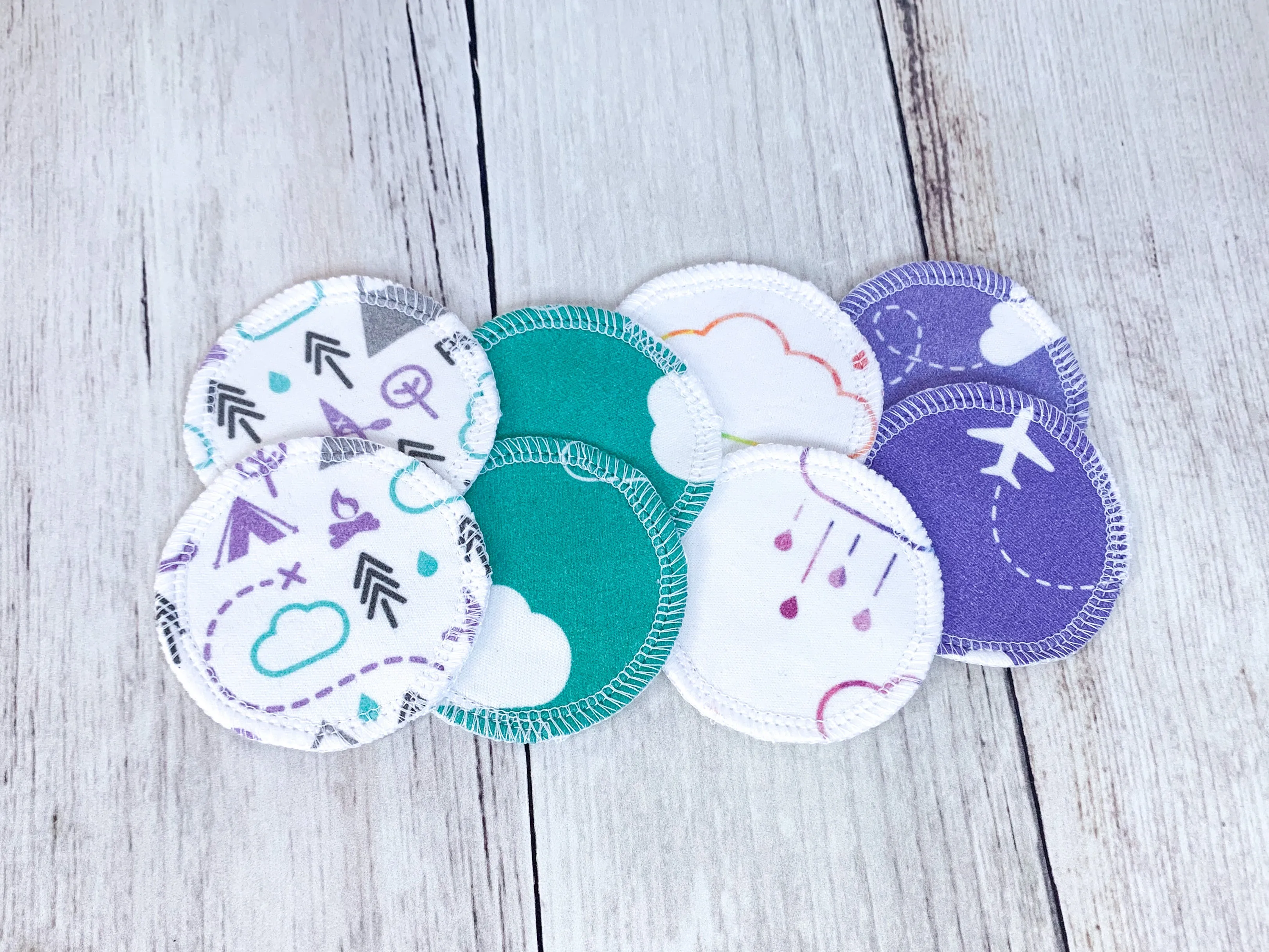 Organic Cotton Face Rounds - Set #5 - PNW   Clouds Mix - Purple / Mint / Teal (Small)