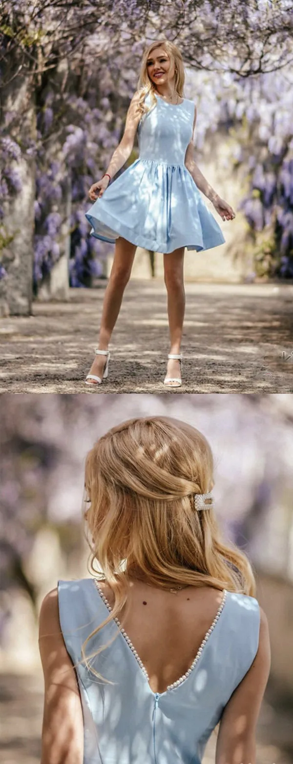 Pale Blue Satin With Pearl Neckline Sleeveless Homecoming Dresses,HD0066