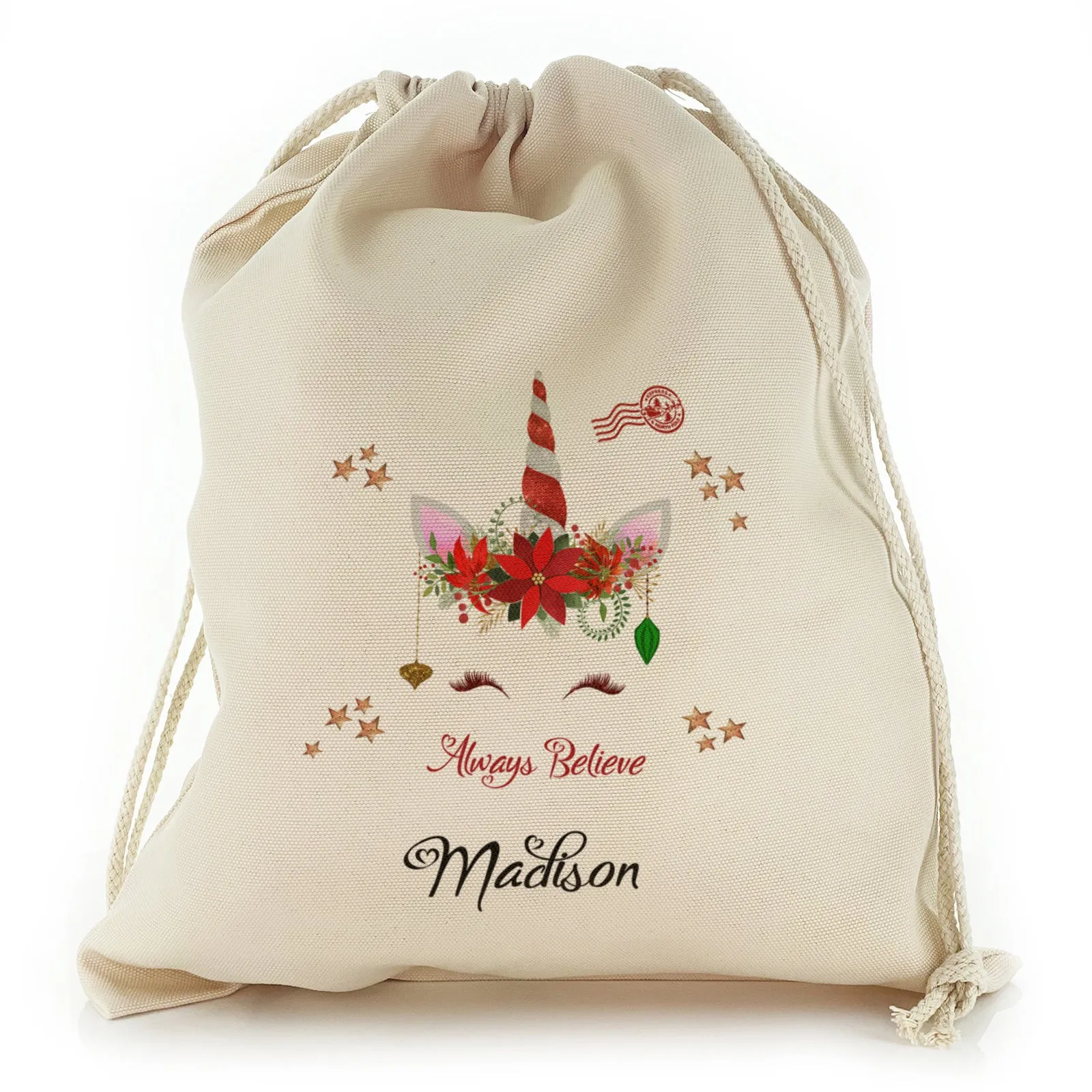 Personalised Canvas Sack with Fancy Text and Red White Spiral Reindeer Unicorn