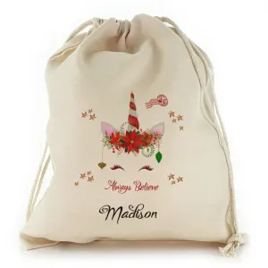 Personalised Canvas Sack with Fancy Text and Red White Spiral Reindeer Unicorn