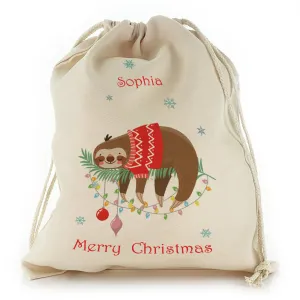 Personalised Canvas Sack with Festive Text and Sleeping Christmas Sloth