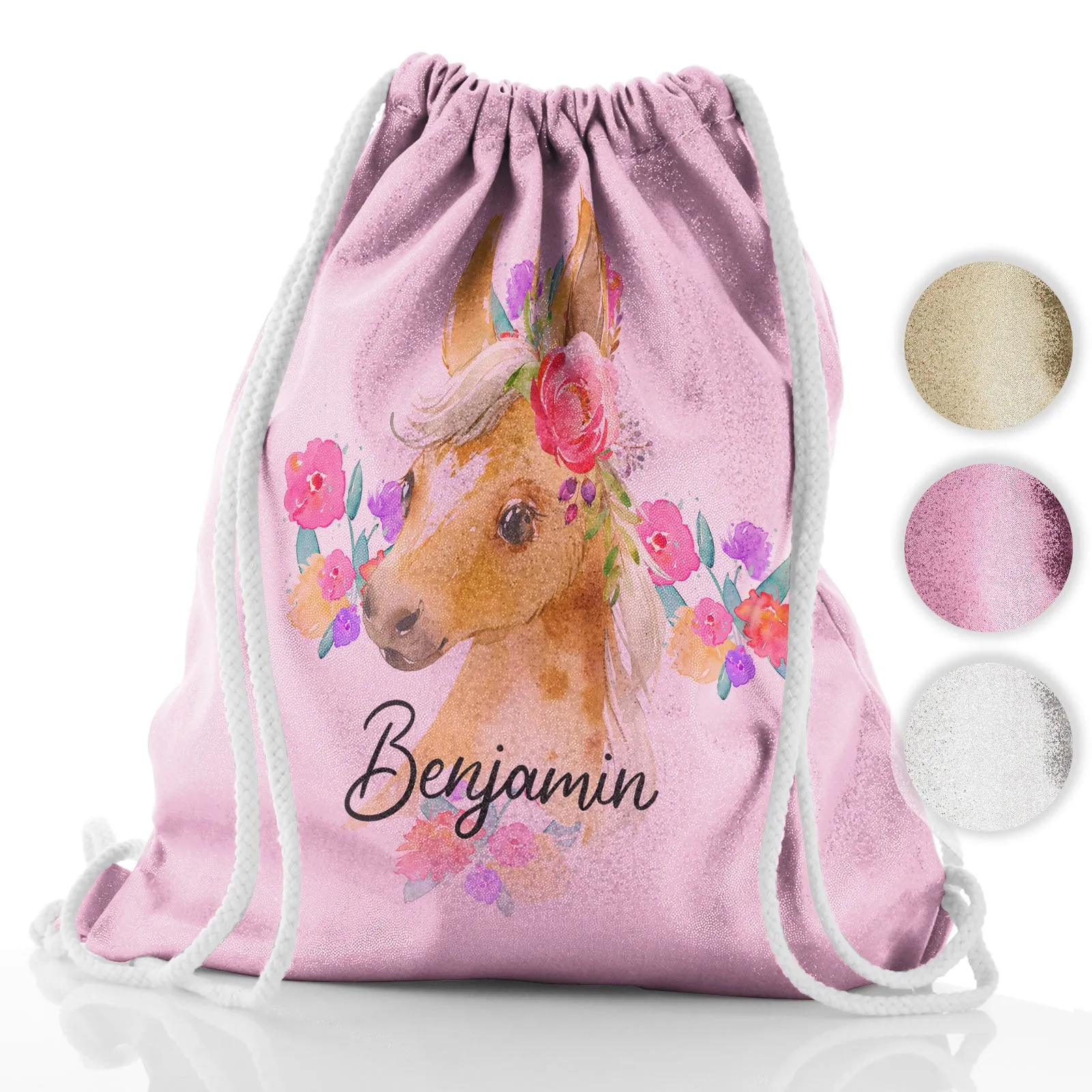 Personalised Glitter Drawstring Backpack with Palomino Horse Multicolour Flower Print and Cute Text