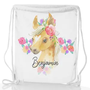 Personalised Glitter Drawstring Backpack with Palomino Horse Multicolour Flower Print and Cute Text