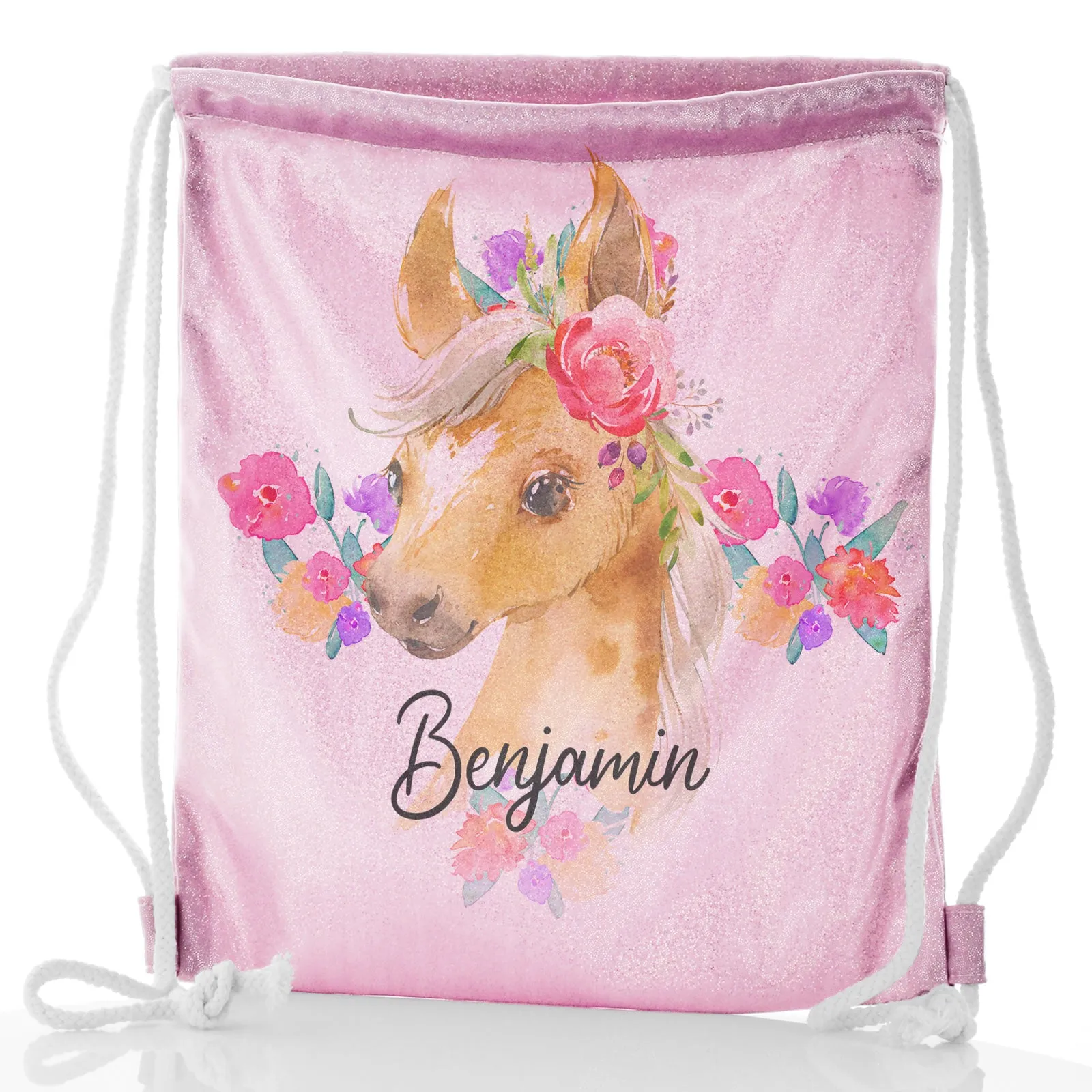 Personalised Glitter Drawstring Backpack with Palomino Horse Multicolour Flower Print and Cute Text