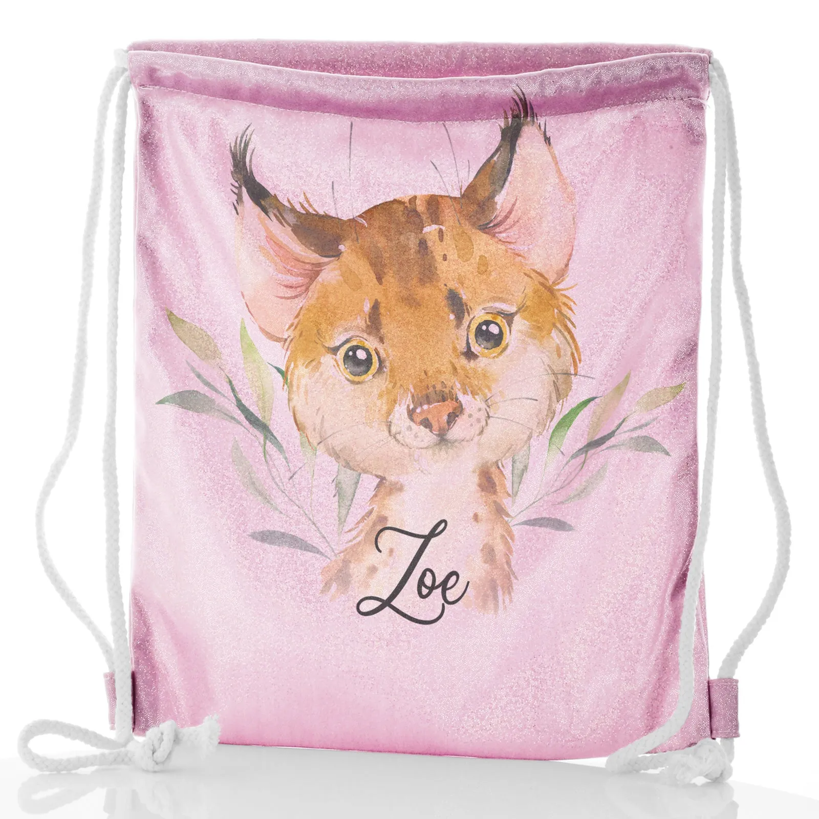 Personalised Glitter Drawstring Backpack with Spot Cat and Leaves and Cute Text