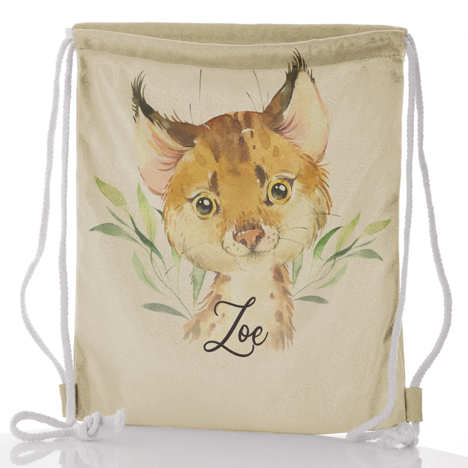Personalised Glitter Drawstring Backpack with Spot Cat and Leaves and Cute Text